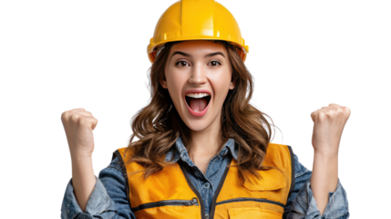Construction Worker's Joy: Capturing the triumphant expression of a female construction worker in a yellow safety hard hat and vest, celebrating success and accomplishment.