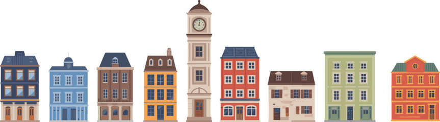 Colorful cartoon city buildings with clock tower, diverse architecture, urban townhouses, playful facades, and stylized street scene illustration