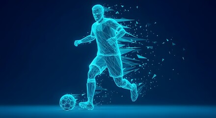 Illustration of futuristic glowing blue wireframe soccer player kicking a ball, dissolving into particles against a dark background, representing technology and sport