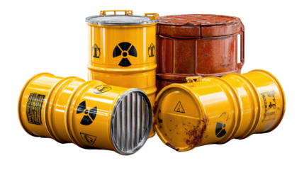 Hazardous Barrels: A visual representation of danger, showcasing a collection of yellow barrels marked with radiation symbols, conveying the presence of hazardous materials