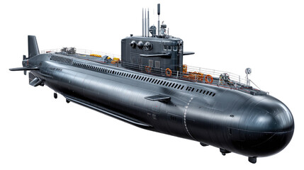 Silent Hunter of the Deep: A stealthy submarine cuts through the water, its sleek design hinting at its powerful capabilities as it navigates the depths of the ocean.