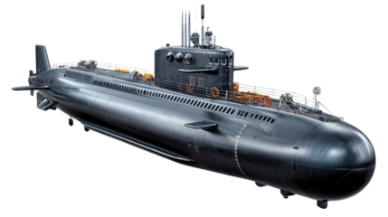 Silent Hunter of the Deep: A stealthy submarine cuts through the water, its sleek design hinting at its powerful capabilities as it navigates the depths of the ocean.