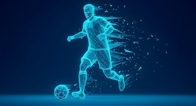 Illustration of futuristic glowing blue wireframe soccer player kicking a ball, dissolving into particles against a dark background, representing technology and sport - Powered by Adobe