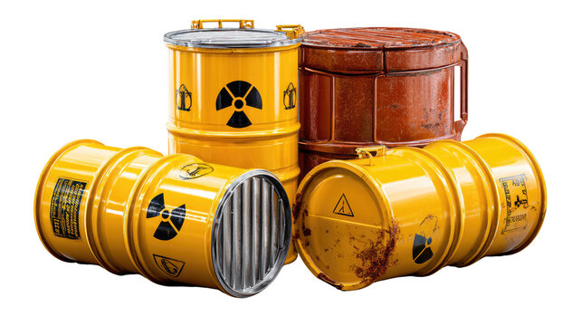 Hazardous Barrels: A visual representation of danger, showcasing a collection of yellow barrels marked with radiation symbols, conveying the presence of hazardous materials