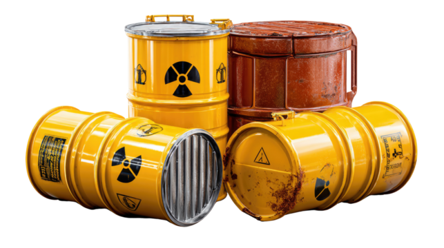 Hazardous Barrels: A visual representation of danger, showcasing a collection of yellow barrels marked with radiation symbols, conveying the presence of hazardous materials