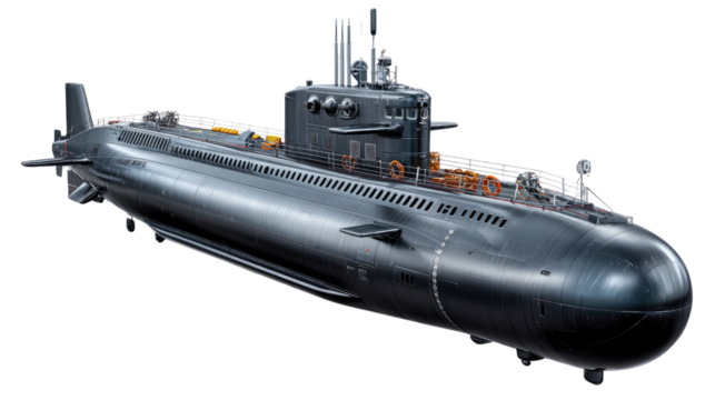 Silent Hunter of the Deep: A stealthy submarine cuts through the water, its sleek design hinting at its powerful capabilities as it navigates the depths of the ocean.