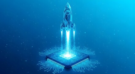 Illustration of futuristic rocket launching from a glowing microchip, symbolizing technological advancement and innovation in the digital age