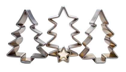 Three metallic Christmas tree cookie cutters with star details.