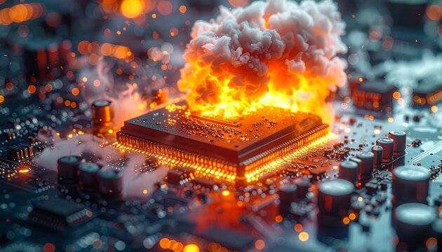 Exploding chip on a circuit board with smoke and sparks emanating