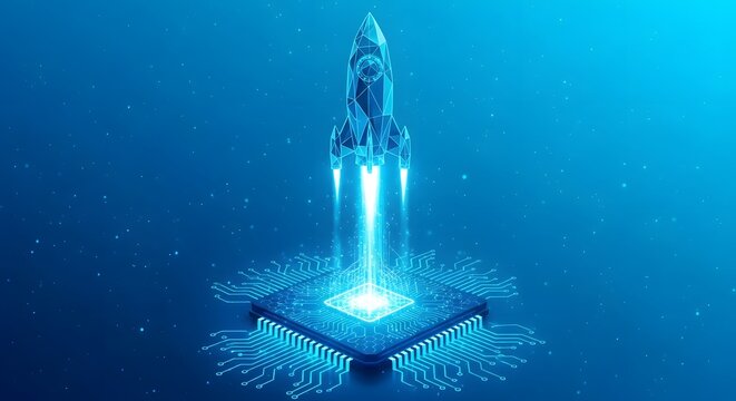 Illustration of futuristic rocket launching from a glowing microchip, symbolizing technological advancement and innovation in the digital age