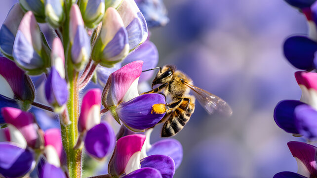 Intricate macro of a busy bee collecting nectar from vibrant purple and pink lupine flowers, capturing nature's delicate pollination process in stunning detail.