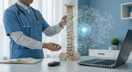 Doctor examines spine with digital network in modern medical office