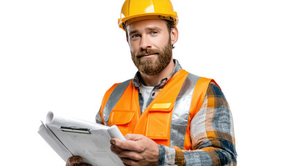 Construction Professional: Confident construction worker in a hard hat holding architectural plans. Portrait of a skilled professional in a high-visibility vest.