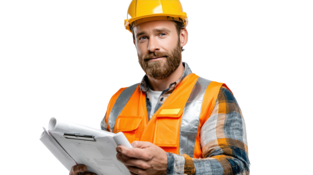 Construction Professional: Confident construction worker in a hard hat holding architectural plans. Portrait of a skilled professional in a high-visibility vest.
