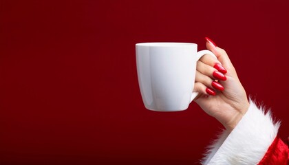 Festive Hand with Red Nails Holding a Blank Mug