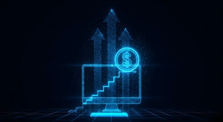 Illustration of digital graph on computer screen showing financial growth with upward arrows and dollar sign, representing economic progress and investment