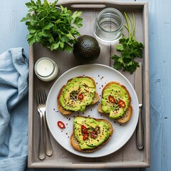 Avocado Toast Presents Fresh Breakfast on Tray