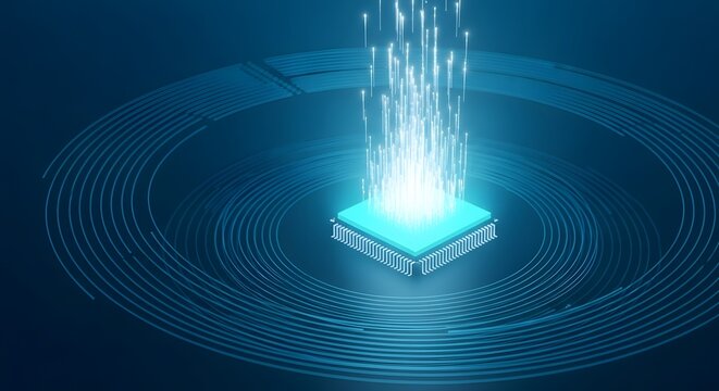 Illustration of abstract digital illustration of a glowing computer processor emitting bright blue energy particles in a dark, futuristic environment with concentric circles