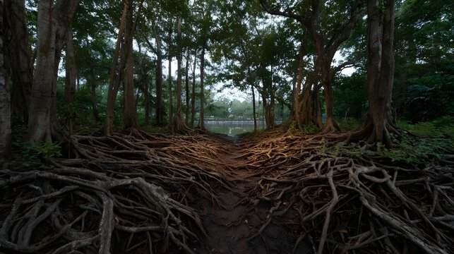 A mysterious pathway through a dense forest with massive tangled tree roots at twilight - Powered by Adobe