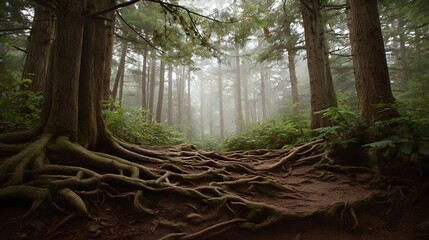 A misty forest path winding through ancient trees with prominent gnarled roots covering the ground