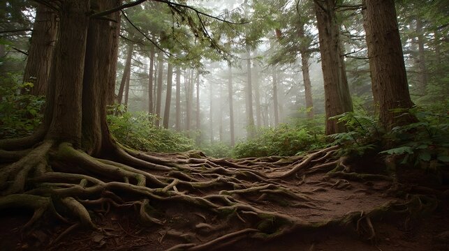 A misty forest path winding through ancient trees with prominent gnarled roots covering the ground