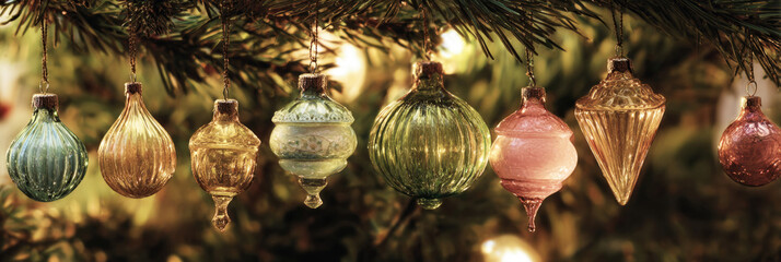 Vintage ornaments in various shapes and colors dangle from an evergreen Christmas tree, creating a warm and nostalgic atmosphere typical of the 50s and 60s holiday season, banner