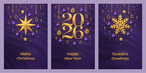 Christmas card set. Happy New Year 2026. Golden numbers 2026 with Christmas star and snowflake ornaments, blue and gold baubles, festive holiday decorations on purple background. Vector illustration.
