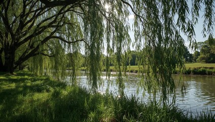 Obraz premium Peaceful green nature landscape viewed from willow shade
