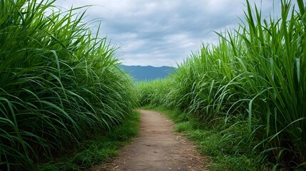 A winding dirt path leads through a dense lush green field of tall grass towards distant mountains under a cloudy sky
