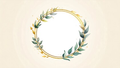 Elegant golden circle frame with watercolor leaves for invitations.