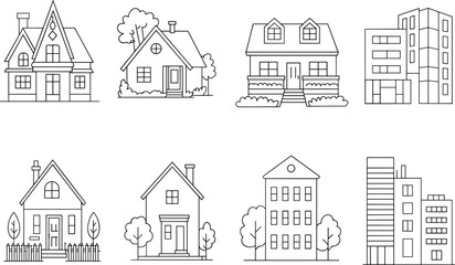 Residential and apartment building line illustration set with varied architecture, trees, fences, windows, chimneys, and landscaping elements