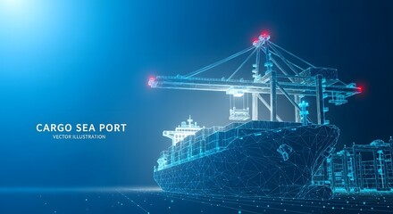 Illustration of digital illustration of a cargo ship at sea port with crane loading container, futuristic technology concept