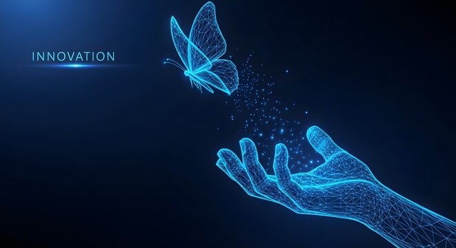 Illustration of digital butterfly emerging from a hand, symbolizing innovation and transformation in a futuristic blue digital landscape
