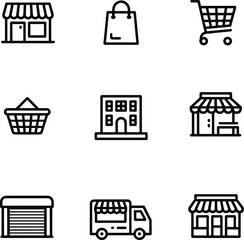Shopping and retail icon set with storefronts, shopping bag, cart, basket, delivery truck, and commercial building symbols