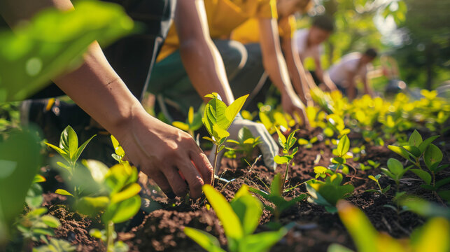 group of volunteers planting trees in a lush green park, teamwork and community spirit, sunlight streaming through leaves, focus on hands and young plants