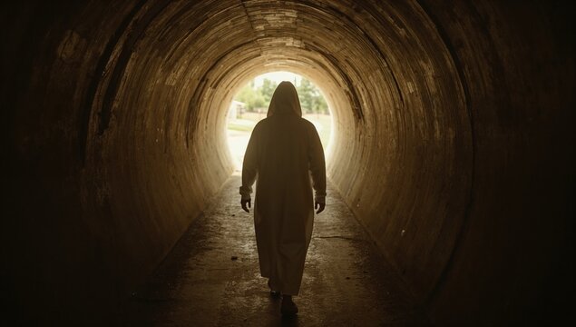 Person in white linen robe hood walks toward golden light - Powered by Adobe