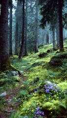 Fototapeta premium Lush forest floor, sparkling fireflies dance through towering trees, illuminating a magical path. Nature's glow creates an enchanted atmosphere.