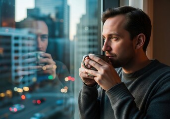 Contemplative man enjoying a warm beverage while looking at city lights