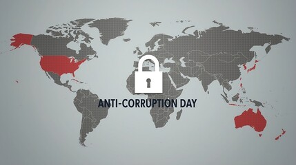 World map with highlighted countries, a padlock icon, and text promoting Anti-Corruption Day, symbolizing global unity and the fight against corruption and unethical practices.