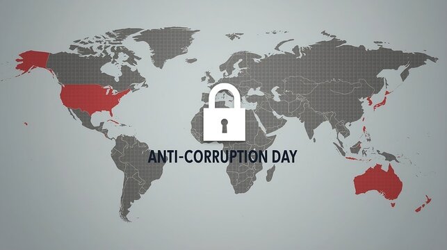 World map with highlighted countries, a padlock icon, and text promoting Anti-Corruption Day, symbolizing global unity and the fight against corruption and unethical practices.