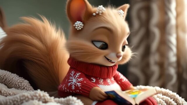 Adorable animated squirrel wearing a cozy sweater reads a book
