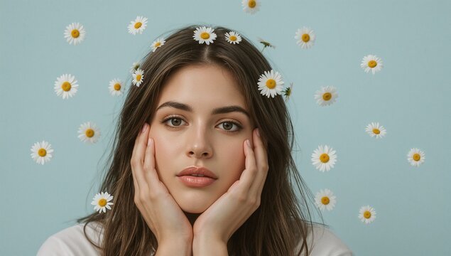 Portrait of a woman with daisy headdress and floating daisies - Powered by Adobe