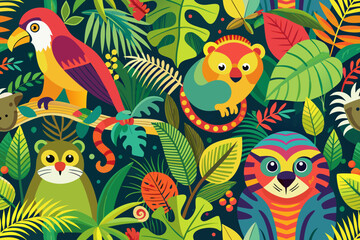 Colorful Jungle Animals and Tropical Leaves in a Flat Design Style Keywords: jungle, rainforest, animals, wildlife, parrot, monkey, tiger, cat
