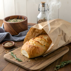 A loaf of golden bread in a paper bag on a wooden board with spices and a glass jar behind it