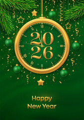 Happy New Year 2026. Golden New Year countdown clock with numbers 2026. Bauble balls, gold metallic stars, confetti on green background. New Year greeting card or party invitation. Vector illustration