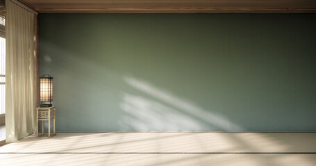 Fototapeta premium Tatami mat floor on Empty blue room Japanese tropical style. 3D rendering