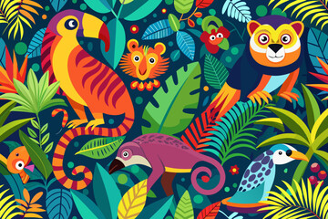 Exotic Jungle Animals and Lush Tropical Plants in a Bold Pattern Keywords: jungle, rainforest, animals, wildlife, toucan, monkey, chameleon, bird