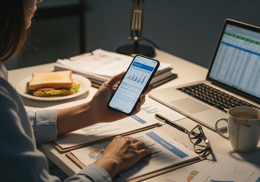 Woman analyzing financial charts on smartphone and laptop at desk - Powered by Adobe