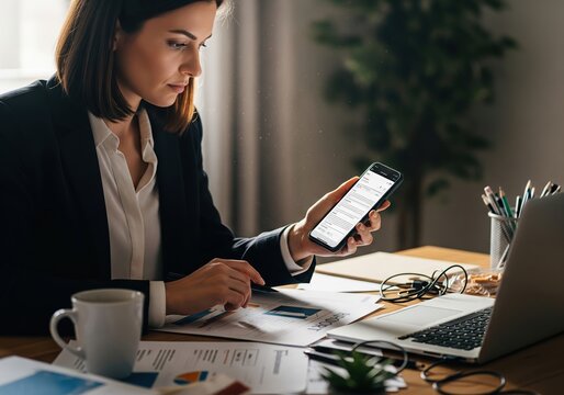 Businesswoman using smartphone at desk with laptop and papers