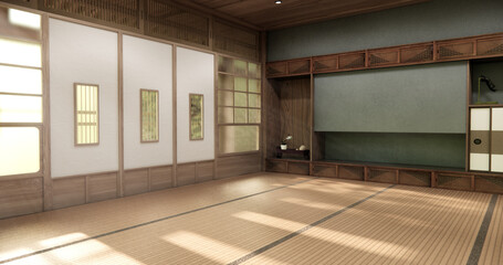Tatami mat floor on Empty blue room Japanese tropical style. 3D rendering